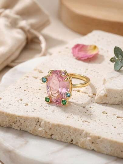 1 pieza Anillo abierto ajustable de estilo francés de lujo con circonita cúbica rosa ovalada brillante dorada e incrustaciones de gemas multicolores para mujer, adecuado para citas, fiestas, vacaciones, uso diario y regalo festivo