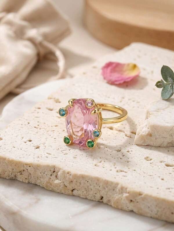 1pc Luxury French Style Gold Shiny Oval Pink Cubic Zirconia Multi-Color Gemstone Inlaid Open Adjustable Ring For Women, Suitable For Dating, Party, Vacation, Daily Commute, Holiday Gift
