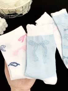 1/4 Pair Spring/Summer Blue & White Sweet Bow Lace Comfortable Mid-Calf Socks - Multicolor - View 7