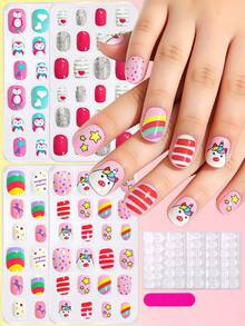 192pcs-8Box Kawaii Children Acrylic Fake Nails, Full Cover Glitter Cute Spring/Summer Pineapple, Unicorn, Penguin, Flamingo, Rainbow, Heart Short Press-On Nails Set For Kids, With 1 Nail File And 8 Jelly Stickers ﻿ - Multicolor - View 3