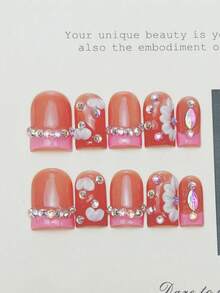 10 piezas de uñas postizas cuadradas hechas a mano, uñas acrílicas cortas rosa con degradado francés DIY, con tachuelas de strass florales 3D, uñas falsas DIY estilo Y2K de verano, pegatinas de uñas, adecuadas para fiesta, uso diario, citas, atuendos de vacaciones tropicales, regalo para mujeres y niñas, suministros de arte de uñas - Rosa - Ver 2