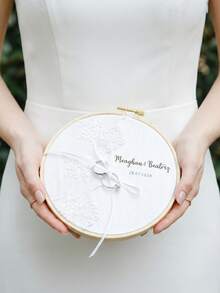 Takeoak 1pc Customized Lace Wedding Ring Pillow, Personalized Ring Holder With Name And Date Engraving, Pearl Bowknot, Rustic Elegant Round Ring Cushion, Multi-Layer Ring Display, Romantic Bridal Ceremony Decor, Engagement Anniversary Gift, Wedding Accessory - Multicolor - View 10