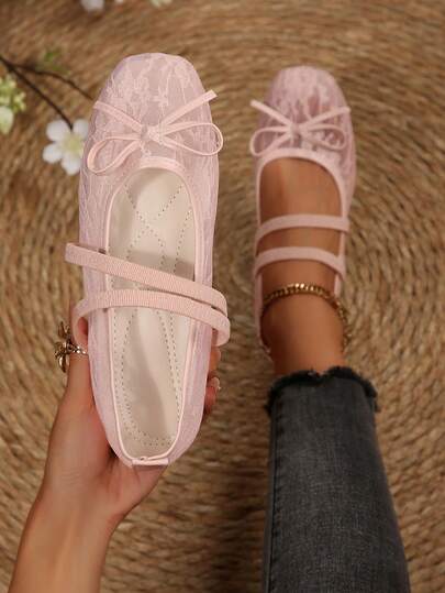Spring/Summer Breathable Shallow Square Toe Bow Flat Shoes, Daily Commute Versatile Fairy Shoes, Mesh Embroidery Mary Jane Shoes For Women