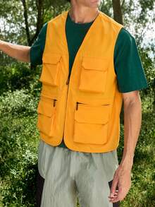 1pc Men's Spring/Autumn/Summer Outdoor Camping Vest, Multi-Pocket Utility Jacket, Outdoor Casual Sleeveless Top, Suitable For Daily Wear - Yellow - View 1