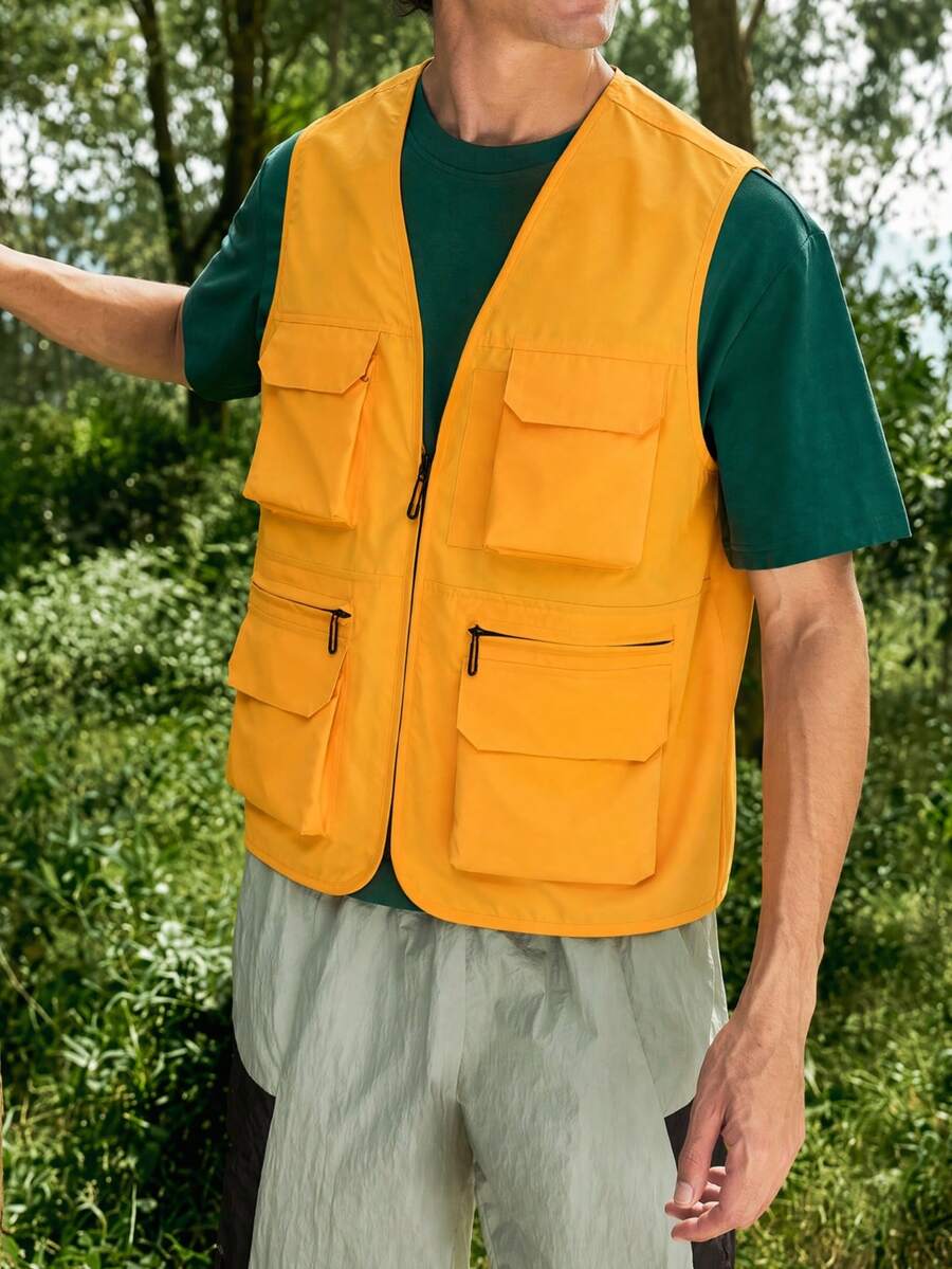 1pc Men's Spring/Autumn/Summer Outdoor Camping Vest, Multi-Pocket Utility Jacket, Outdoor Casual Sleeveless Top, Suitable For Daily Wear - Yellow - View 1