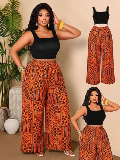 BIUBIU Setelan Boho 2 Potong Motif untuk Wanita Ukuran Plus, Terdiri dari Atasan Crop Leher Persegi dan Celana Panjang Lebar, Pakaian Liburan Elegan untuk Wanita Ukuran Plus di Musim Panas