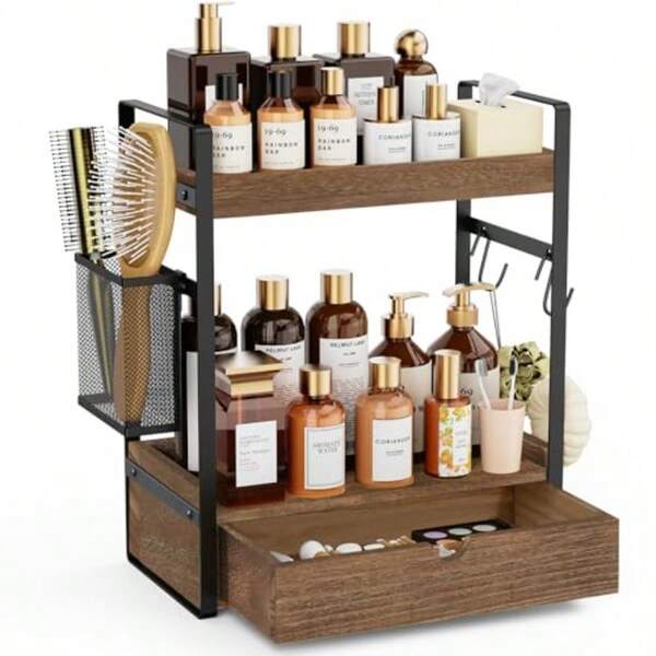 2-Tier Bathroom Counter Organizer With Drawer Basket And Hooks, Wood Bathroom Organizers And Storage For Countertop, Farmhouse Dark Brown Countertop Organizer, Counter Shelf For Vanity Kitchen Office