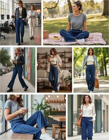 Heathyoga - Jeans de pierna ancha para mujer, cintura alta, pantalones holgados para mujer, pantalones de mezclilla elásticos de pierna recta, pantalones de mezclilla - Denim azul marino - Ver 6