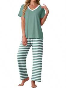 PrinStory - Conjunto de pijama suave de 2 piezas para mujer, conjunto de pijama casual de manga corta con bolsillos - Rayas cian - Ver 6