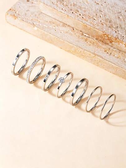 7pcs Fashion Luxury Geometric Rhinestone Silver Stainless Steel Ring Set, Suitable For Women's Daily Or Party Wear
