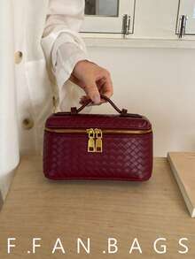Woven Texture Fashion Box Bag 2026 Spring/Summer New Shoulder Handbag Crossbody Lunch Box Bag, PU Material - Burgundy - View 3