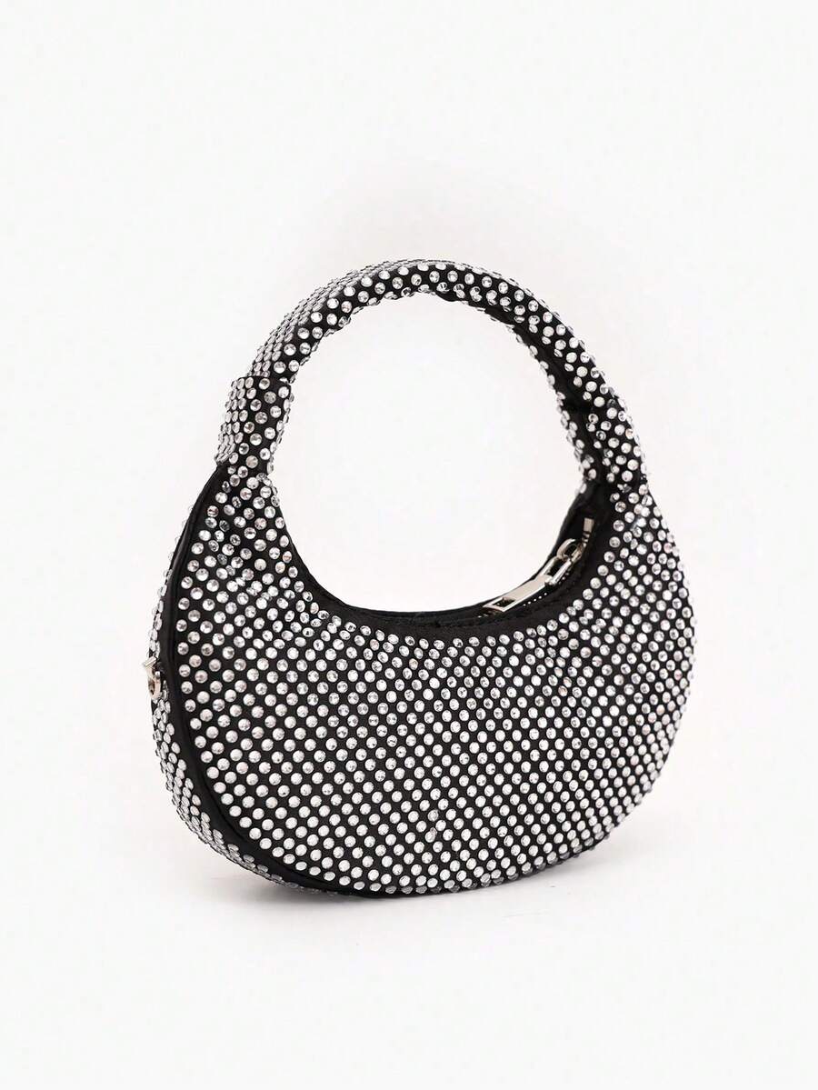 Mini Hobo Bag In A Crescent Shape, Fully Covered In Rhinestones, Integrated Circular Handle With Bow, Zipper, Various Colors, Women's Party, Wedding, Birthday Gift - Burgundy - View 1