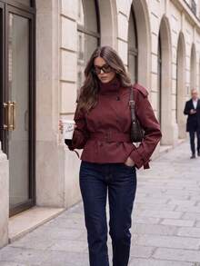 Autumn/Winter New Women's Solid Color Front Button Pocket Belted Casual Elegant Commuter Street Style Trench Coat Jacket Outerwear - Burgundy - View 3