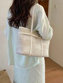女款休閒復古大容量通勤托特手提包 單色 2026夏季新款 休閒肩背包 - 白色 - 查看 2