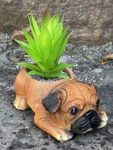 1pc Creative Realistic Pug Dog Planter Statue, Indoor Courtyard Garden Home Decor Craft - Pug - View 4