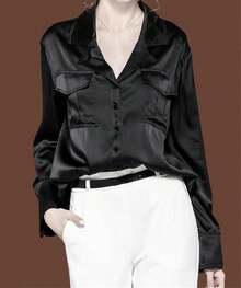 Blusa formal de manga larga brillante con bolsillos de solapa para mujer - Azul - Ver 2