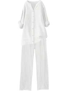 onjunto de verano de 2 piezas para mujer, tallas grandes, conjuntos de lino de algodón, cuello en V, blusa abotonada, camisetas de gran tamaño, camisetas de manga larga y pantalones casuales - Blanco#01 - Ver 2