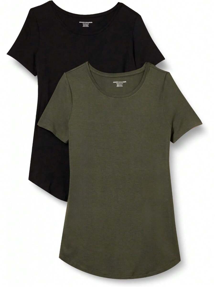 Essentials Mujeres Túnica de Manga Corta con Escote Redondo, Verde, 2 Count - Azul marino/Verde salvia - Ver 1