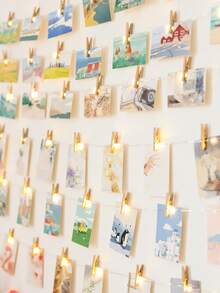 1pc 1-10m LED Copper Wire String Lights With Wooden Photo Clips, 10 Clips Per Meter (±2-3 Clips Error), Hanging Photo Cards Fairy Lights, Photo Wall Decoration Lights, Bedroom Atmosphere Decorative Light String, Suitable For Girls' Room Birthday Party Anniversary Home Decor - 銅色線 - 查看 8