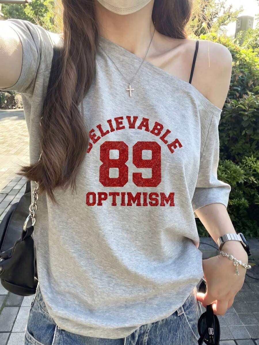Y2K Vintage Red Letter Print Off Shoulder Loose Grey Asymmetrical Hem T-Shirt Retro Campus Streetwear Top Casual Summer - Dark Gray - View 1
