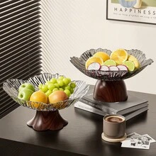 Modern Wavy Petal Shaped Fruit Bowl With Stable Faux Wood Base, Large Capacity Decorative Serving Tray For Fruits, Snacks, Candy, Elegant Accent For Kitchen Countertop And Dining Table, Multiple Colors Available, Material And Easy To Clean - View 5