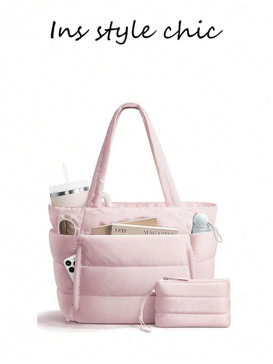 New Fashionable Classic And Multifunctional White Handbag, Simple Design, Quilted Details, Dual Top Handle Design For Shoulder, Elegant Shoulder Bag For Ladies, Suitable For N - 紅色 - 查看 1