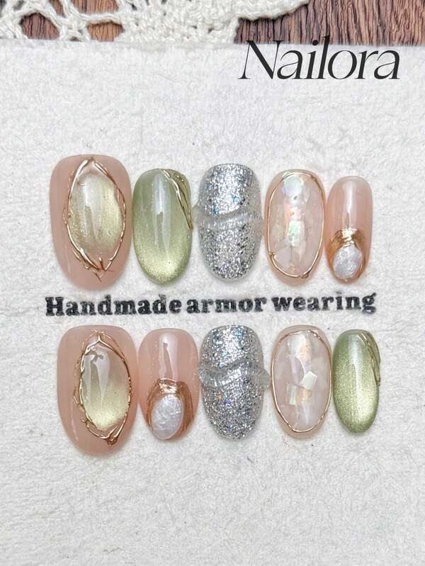 10pcs Handmade Oval Press-On Nails, DIY Acrylic Short Nails, Pink Green Cat Eye Glitter Asymmetrical Metal Line Mica Nail Art, Summer DIY Fake Nails, Party Daily Date Vacation Outfit, Women Girls Gift Nail Supplies