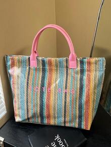 Large Capacity Letter Decor PVC Waterproof Woven Straw Tote Bag, Multi-Functional Commute Casual Vacation Woven Straw Handbag SuitableForBeachVacation - Pink - View 7