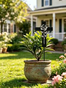 Rose Cross Metal Garden Stake, Black Hollow Rose Iron Plant Marker, Elegant Inspirational Yard Decor, Gentle Memory Remembrance Ornament For Patio Flower Pot, Thoughtful Sympathy Condolence Gift - Rose Cross Flower Vase - View 6