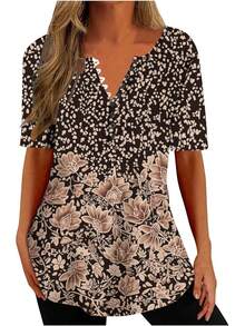 Ceboyel - Camisas Henley con estampado floral para mujer, cuello en V, sexy, casual, de manga corta, blusas elegantes para mujer - N01-negro - Ver 31