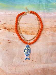 ZR 2件組波西米亞彩繪魚墜飾多層彩色串珠項鍊，夏季海灘度假飾品 - 彩繪魚B - 查看 7