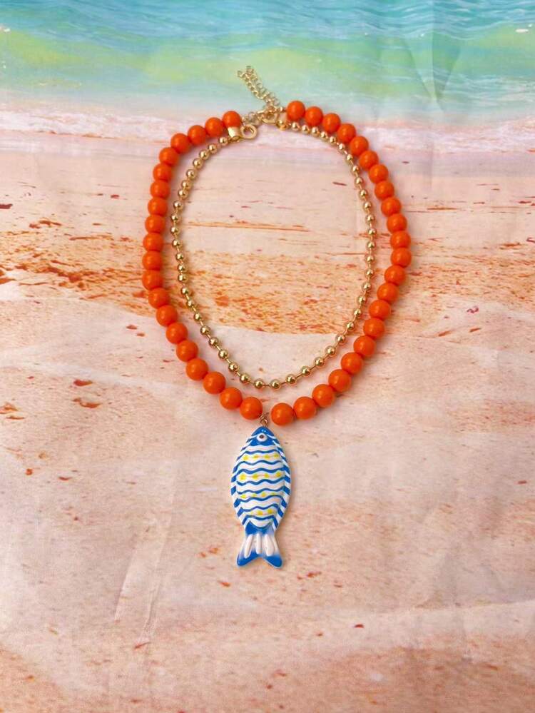 ZR 2 Pieces Bohemian Painted Fish Pendant Multi-Layer Color Beaded Necklace, Summer Beach Vacation Jewelry - Painted Fish B - View 6