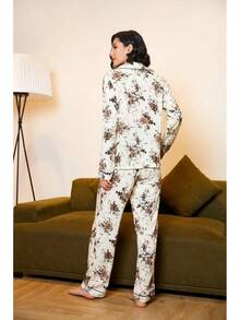 Conjunto de Pijama para Mujer con Cuello Recortado, Estampado Floral, Camisa con Botones y Pantalones Largos, Algodón, 2 Piezas, Ropa de Dormir - Negro - Ver 7
