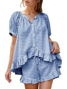 Flygo - Conjunto de pijama de cuadros para mujer, 2 piezas, de algodón, manga abombada, con volantes, conjunto de pijama de verano - Negro - - Ver 10