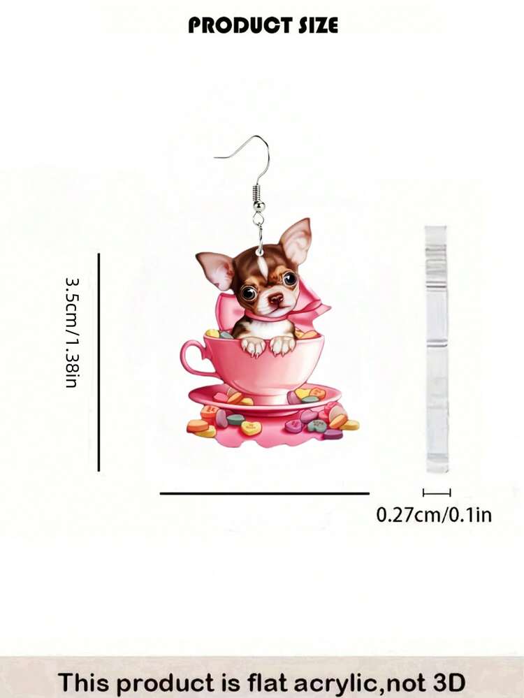 2D Flat Cute Chihuahua Pink Teacup Pendant Earrings, Acrylic Heart Candy Ear Dangle, Soft Adorable Valentine's Day Cartoon Puppy Jewelry, Gift For Women And Dog Lovers - Pink Chihuahua - View 3