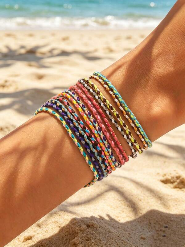 1 Set Of 12pcs Handmade Woven Colorful Friendship Bracelets, Boho Style Cotton Rope, Beads & Tassel Adjustable Bracelet Set, Suitable For Women Daily Wear