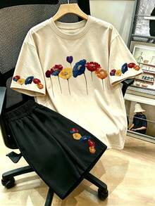 Floral Print T-Shirt And Shorts Set, Plus Size Women's Summer Casual Two Pieces Outfit Elegant - Multicolor - View 1