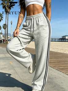 Women's Drawstring Wide Leg Pants, Comfortable Fabric, Suitable For Sports, Outdoor, Casual Wear, Street Style Autumn Long Pants - Grey - View 4
