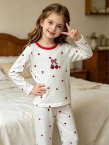 Girls Long Sleeve Crew Neck Pajama Set, Spring/Autumn Burgundy Cherry & Heart Print Contrast Red Collar Loose Straight Leg Pants, 2 Pieces Home Wear - Champagne - View 4