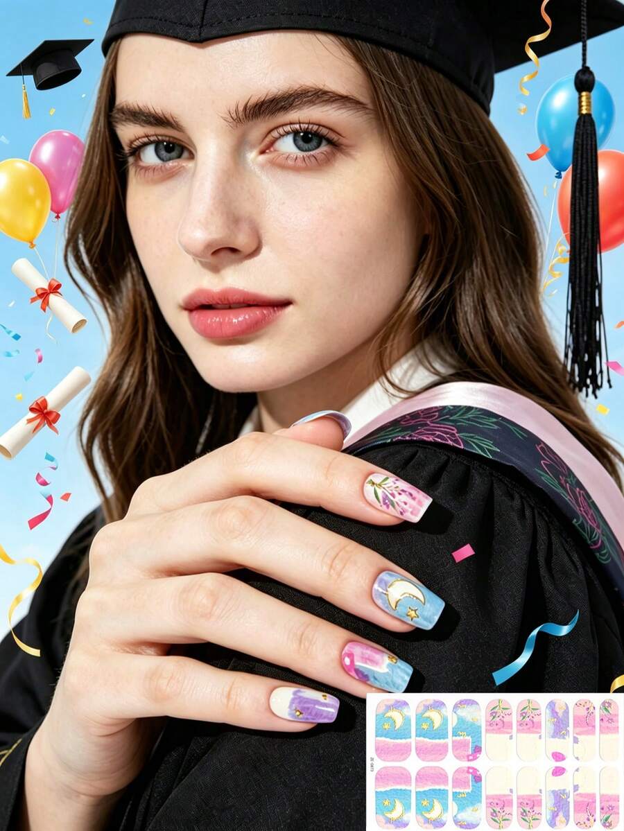 16pcs/1sheet Colorful Flower Gold Graduation Nail Stickers, Waterproof, Home DIY, Suitable For Back To School, Summer Beach, Vacation, Graduation Gift, Winter Nail Art, Full Coverage Self-Adhesive UV-Free Nail Stickers - Multicolor - View 1
