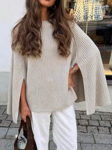Plus Size Women's Fashion Vacation Knit Top With Slit Cuffs And Round Neck, Versatile - Beige - View 4