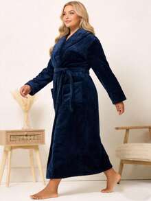 1 pieza Bata de baño de franela gruesa de moda para mujer, con bolsillos, lazo, cuello doblado, suave y cómoda, para relajación corporal, adecuada para ropa de dormir y lencería de mujer de talla grande - Azul Marino - Ver 4