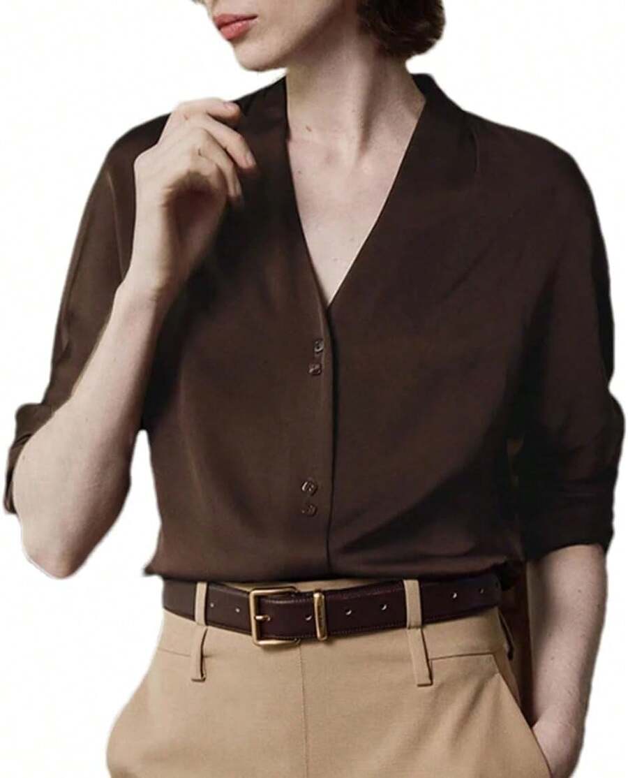 Blusa de seda con cuello en V para mujer, de manga larga, formal, brillante - Azul - Ver 1