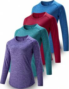 Paquete de 4 camisetas de manga larga para mujer con agujeros para el pulgar, camisetas de entrenamiento atléticas de ajuste seco con cuello redondo - a/Verde Menta/Melocotón Suave/Amarillo Mantequilla - Ver 11