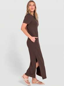 ANRABESS - Vestido largo casual de verano para mujer, manga corta, cuello redondo, dividido, sin arrugas, para viajes, playa, día festivo - Verde bosque - Ver 5