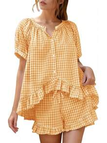 Flygo - Conjunto de pijama de cuadros para mujer, 2 piezas, de algodón, manga abombada, con volantes, conjunto de pijama de verano - Sandía - Ver 8