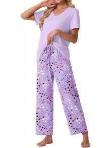 PrinStory - Conjunto de pijama suave de 2 piezas para mujer, conjunto de pijama casual de manga corta con bolsillos - Gris blanco tartán - Ver 2