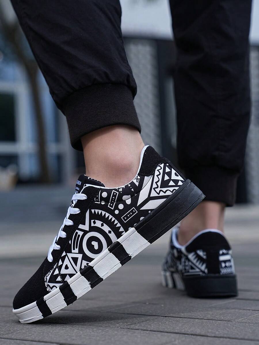 Men's Fashion Front Lace-Up Black & White Contrast Color Full Print Letter Random Graffiti Canvas Casual Skate Shoes