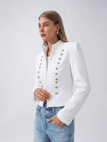 HZXVIC 女款新款復古優雅修身正式辦公外套，誇張肩部設計與假鈕扣設計 白色 - 白色 - 查看 6