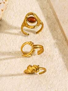 3pcs Stainless Steel 18K Gold Plated Summer Versatile Elegant Fashion Minimalist Casual Style Geometric Gold Knot Ring Set Suitable For Women Daily Wear Holiday Beach Vacation Date Travel Casual Jewelry Gift - Multicolor - View 2